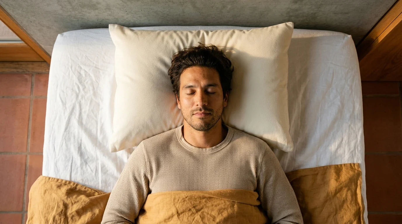 Man sleeping on his back viewed from overhead — cream rectangular pillow with waffle-knit thermal and ochre linen bedding