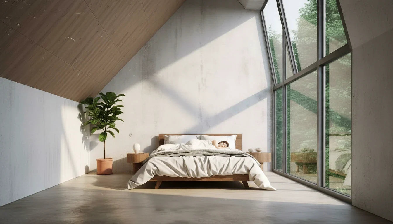 Bright A-frame bedroom with vaulted wood ceiling and tall windows, person sleeping under cream linen duvet
