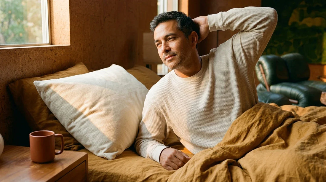 Man waking refreshed on natural pillow in warm bedroom — morning light, ochre linen, CPAP side sleeper relief