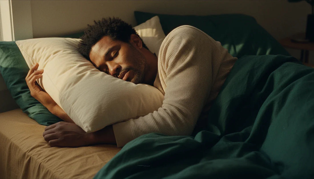 Black man sleeping on side on organic cotton pillow in forest green linen bedding - cervical alignment editorial