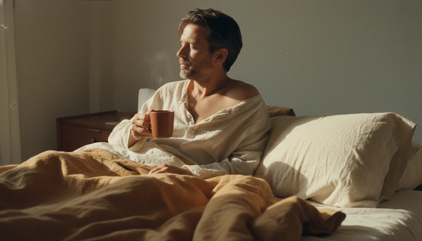 Man with coffee in bed on cream cotton pillow — warm morning editorial, golden light, ochre linen
