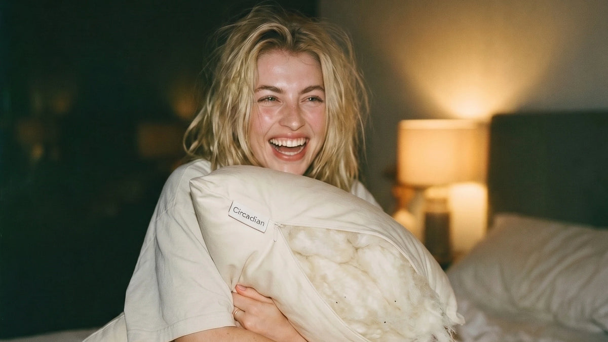 A laughing woman in bed hugs a Circadian Wild-Harvested Kapok Pillow with silky kapok fibre showing at its open zipper.