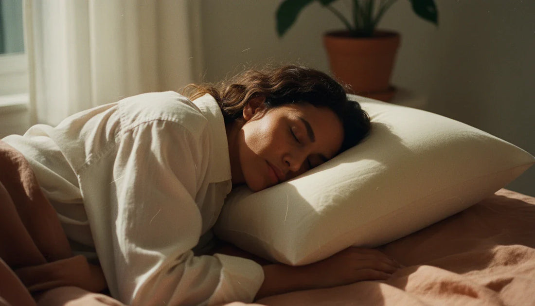 Latina woman sleeping on her side with neck in natural alignment on cream rectangular pillow — warm 35mm editorial shot