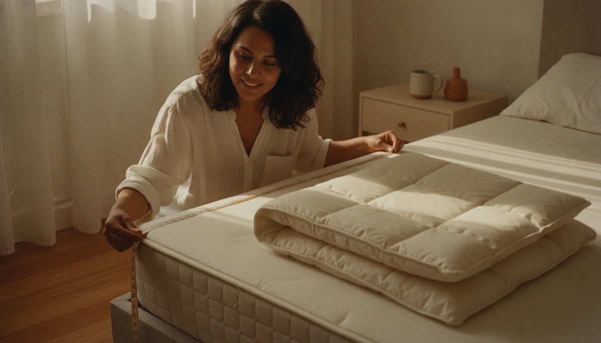 Woman measuring a bed corner beside a folded organic cotton duvet insert with hand-tufted knots