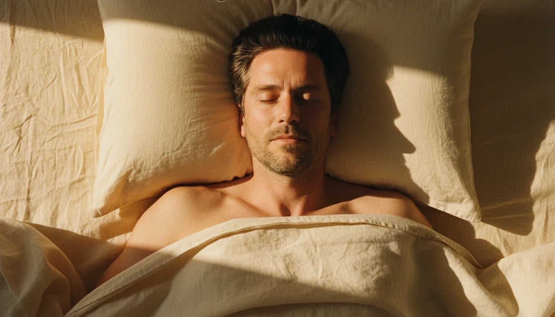 Man sleeping on back, overhead bird's-eye view on cream pillow — warm editorial lifestyle shot