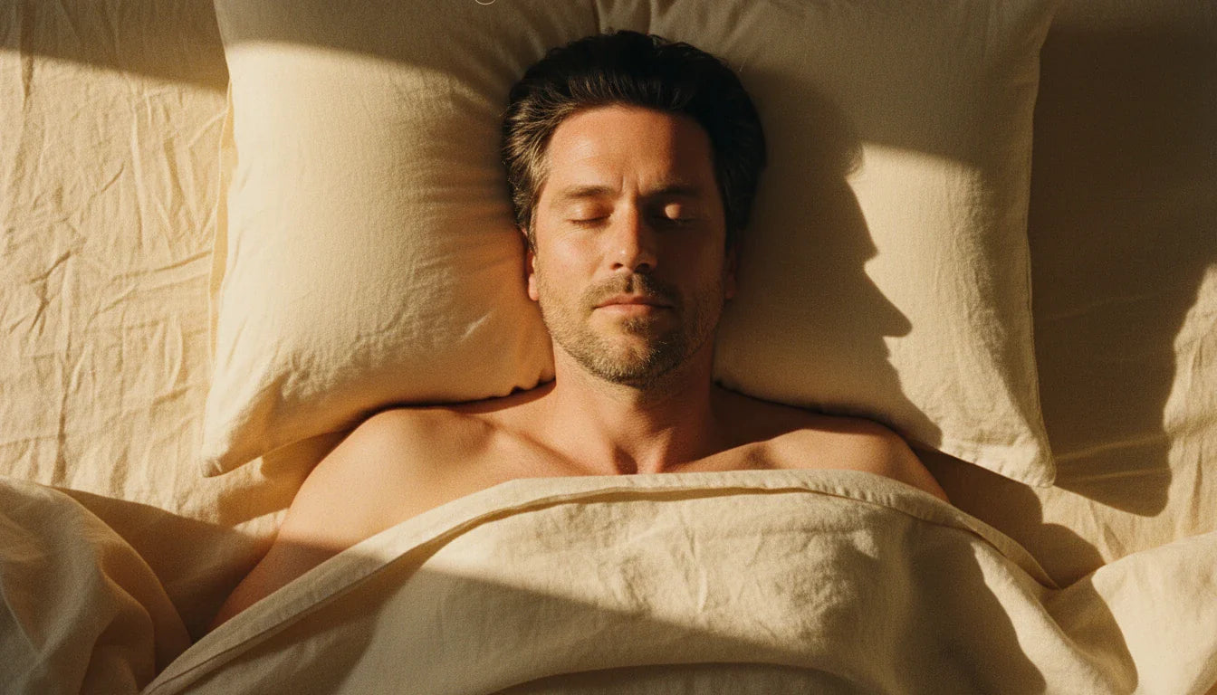 Man sleeping on back, overhead bird's-eye view on cream pillow — warm editorial lifestyle shot