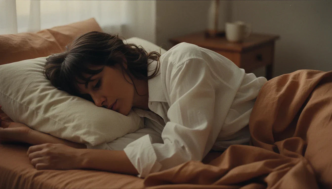 Woman sleeping on her side on a cream pillow, warm golden morning light, terracotta linen sheets — 35mm lifestyle editorial