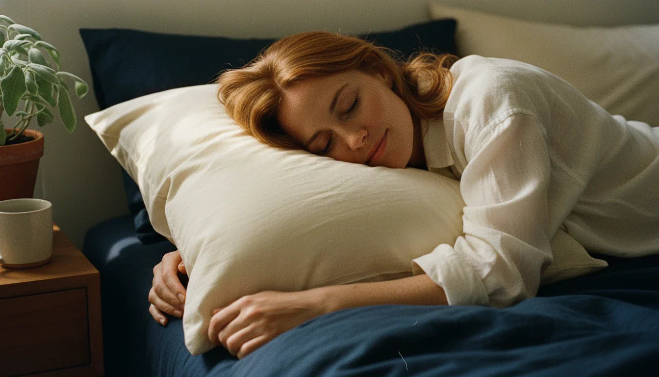Woman sleeping face-down on cream organic wool pillow, navy linen bedding, warm morning light