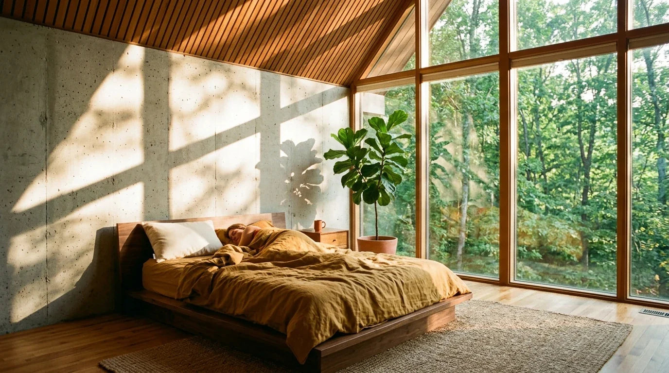 Bright A-frame bedroom with vaulted ceiling and forest windows - person sleeping in warm morning light