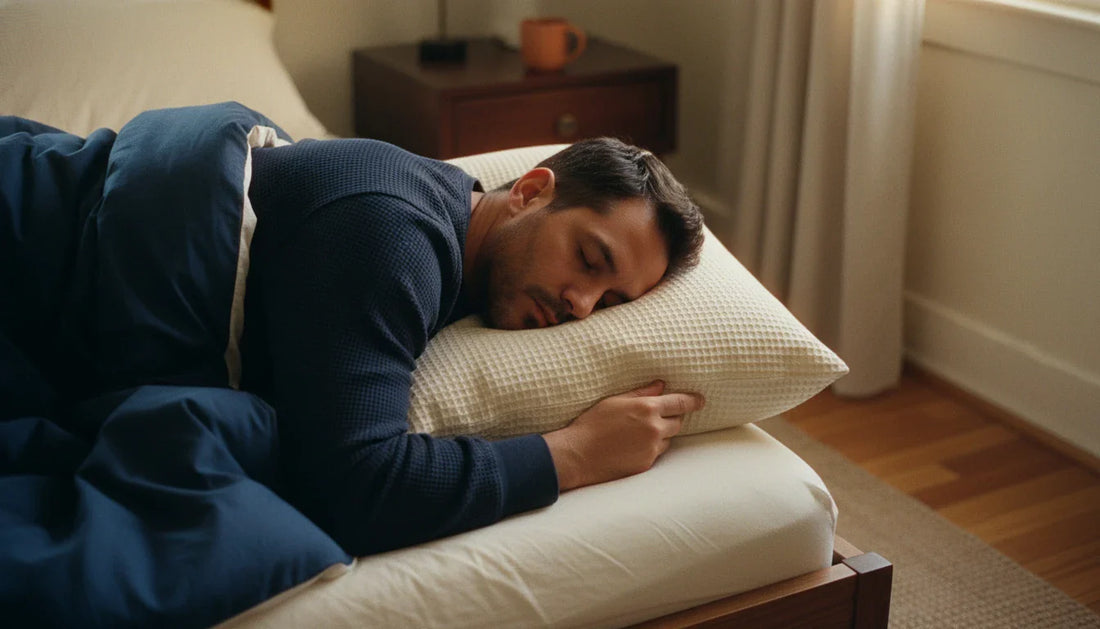 Man sleeping on side on a cream organic cotton pillow with navy duvet, warm morning light, terracotta mug on nightstand