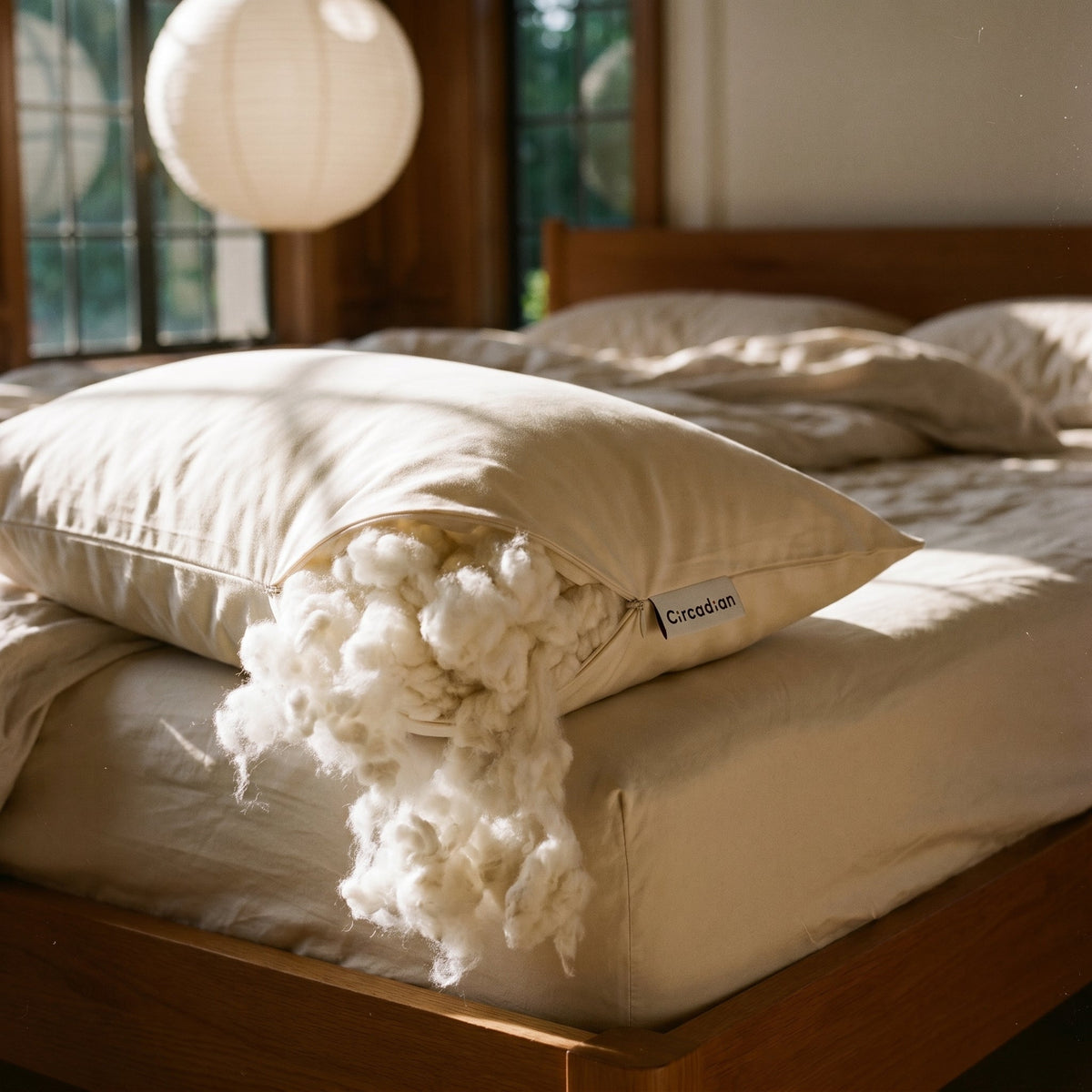 Close-up of the organic cotton pillow cover weave and stitching