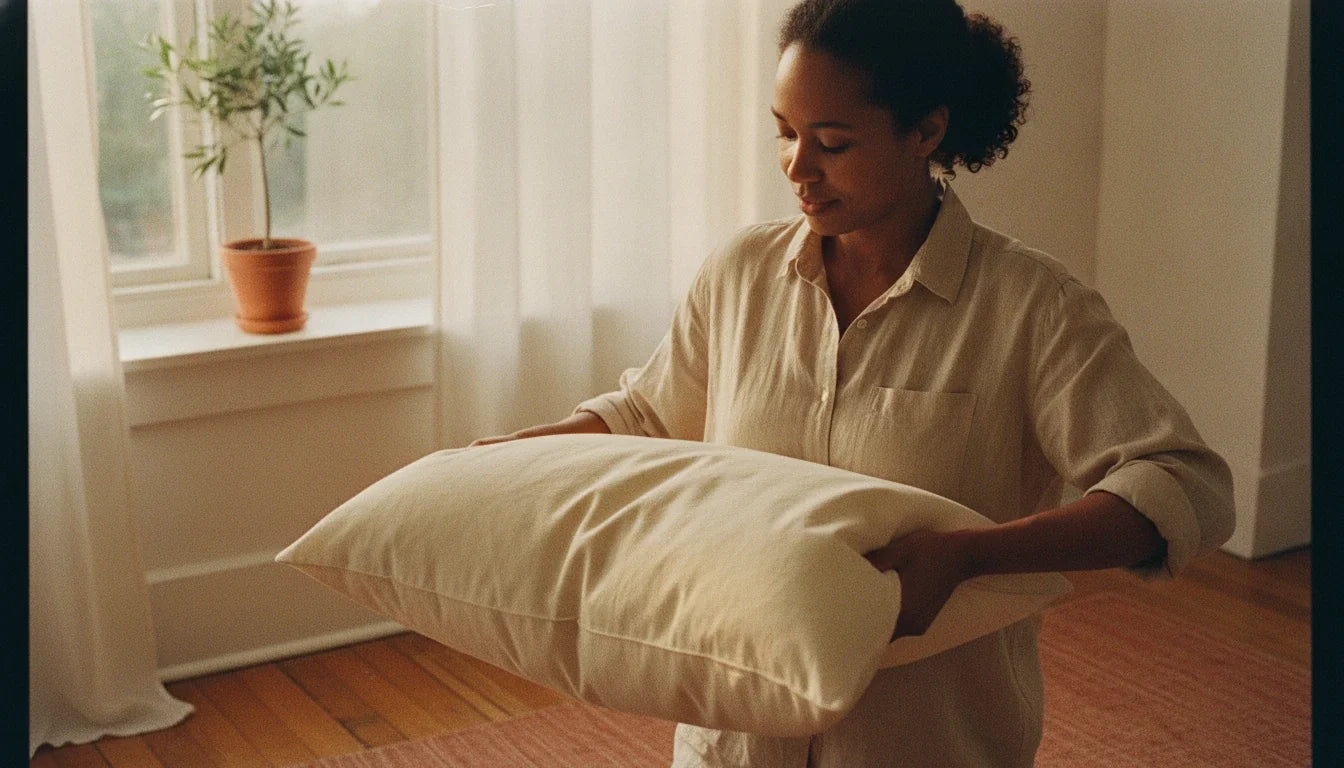 Woman kneading a Circadian pillow from both ends to redistribute natural fill and restore loft