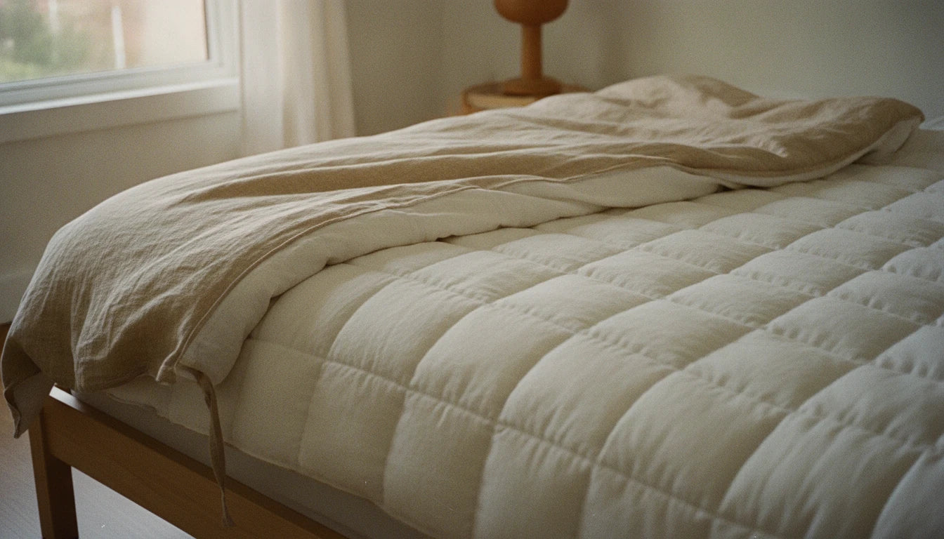 Cream organic cotton duvet insert peeking out from an open corner of its oatmeal linen duvet cover