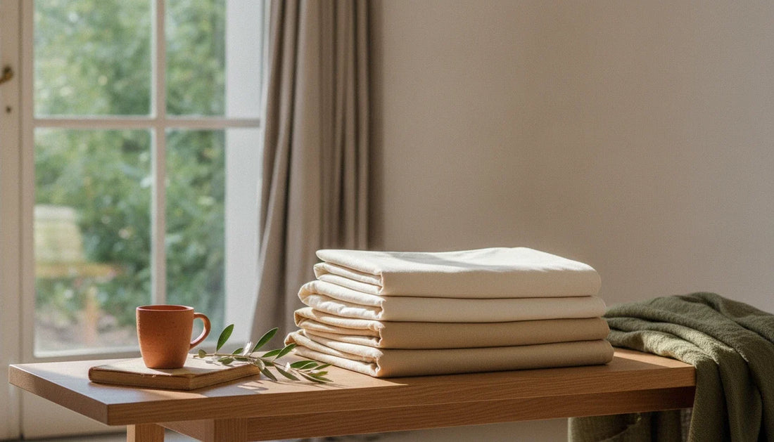 Stack of folded cream and oatmeal cotton sateen sheets on an oak bench beside a sunlit window