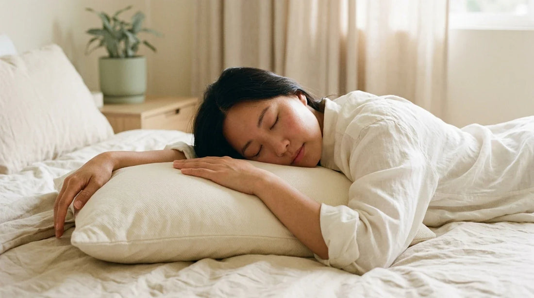 East Asian woman sleeping peacefully on cream natural cotton twill pillow — clean airy bedroom, morning light
