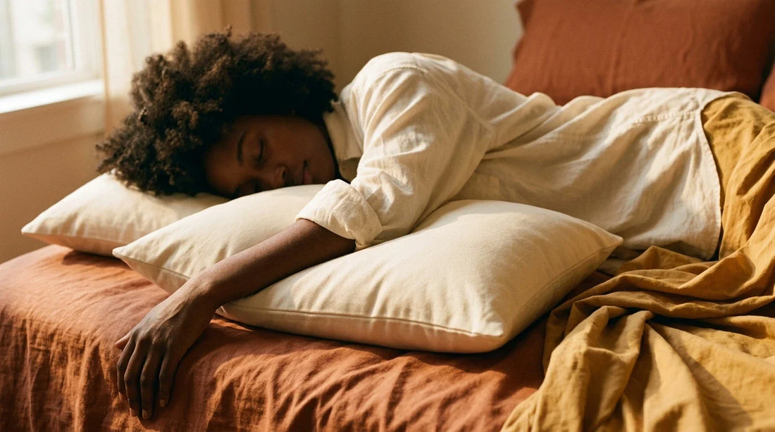 Black woman sleeping on her side on a cream rectangular natural pillow — warm terracotta bedding, golden morning light