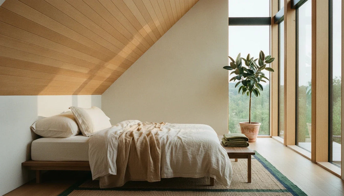 Bright A-frame bedroom with angular wood ceiling, cream linen bed, rubber plant by tall windows