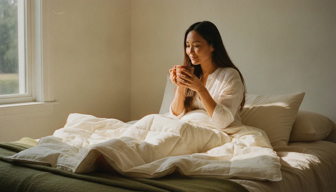 Woman drinking coffee in bed under a cream organic cotton duvet with visible loft and hand-tufted grid