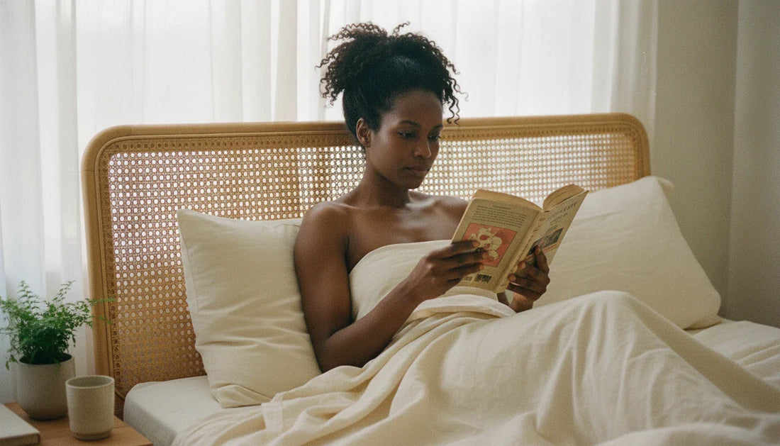 Woman reading in bed with lightweight linen bedding and a cream Circadian pillow, airy room for hot sleepers