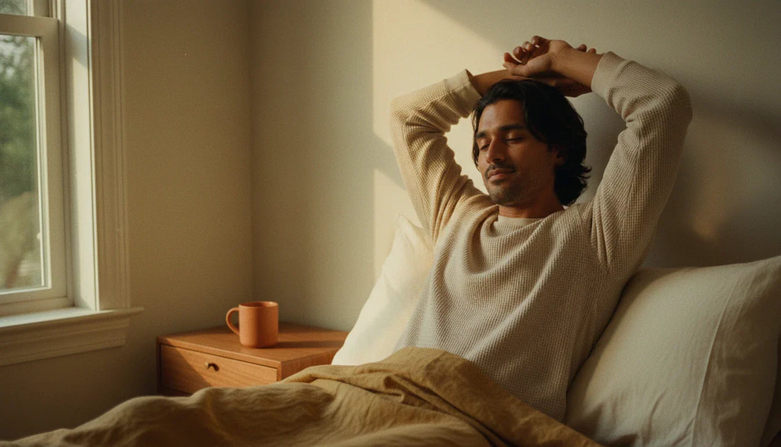 South Asian man waking up refreshed beside cream rectangular kapok pillow on ochre linen - warm morning editorial