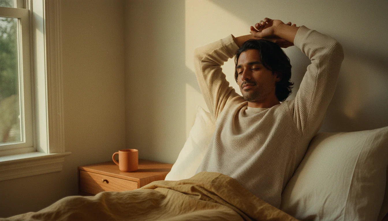 South Asian man waking up refreshed beside cream rectangular kapok pillow on ochre linen - warm morning editorial