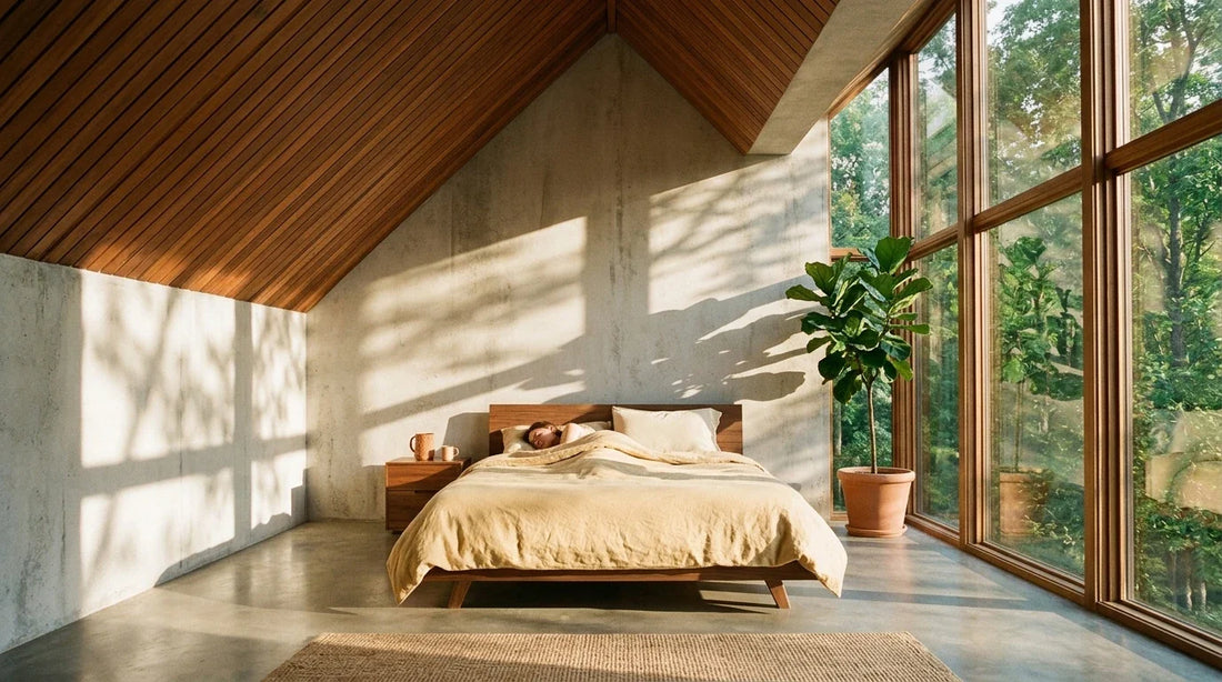 A-frame bedroom with vaulted wood-slat ceiling and forest windows, cream pillow on ochre linen, golden morning light
