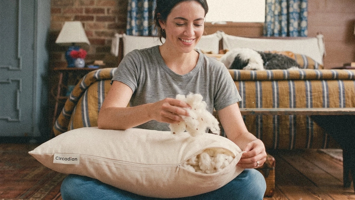 A smiling woman sitting on a rug lifts cotton out of her open Circadian Organic Cotton Pillow.