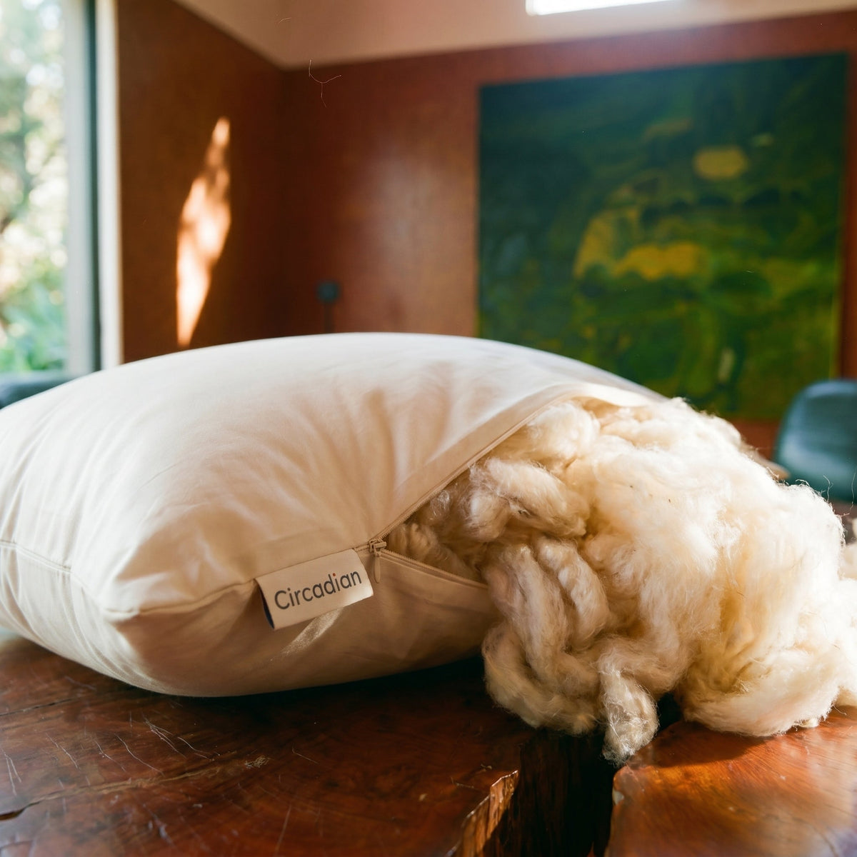 Close-up of the Circadian Wild-Harvested Kapok Pillow and its organic cotton cover