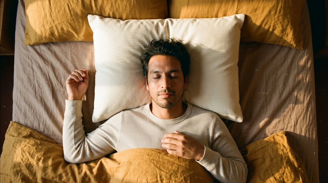 Hispanic man sleeping on back on rectangular cream pillow - overhead bird's-eye editorial lifestyle shot