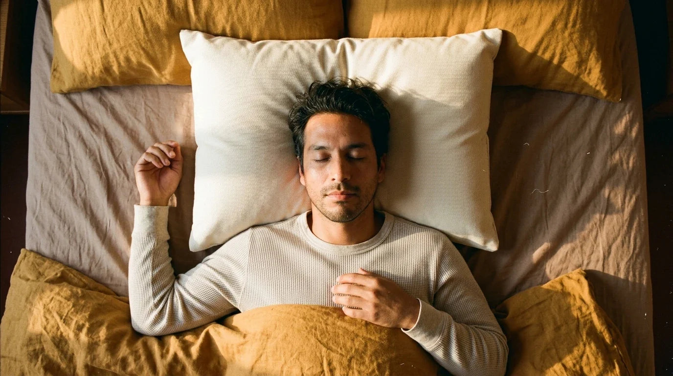 Hispanic man sleeping on back on rectangular cream pillow - overhead bird's-eye editorial lifestyle shot