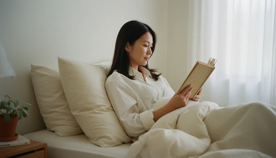 East Asian woman reading in clean airy bedroom on cream rectangular pillow - allergy-friendly sleep environment