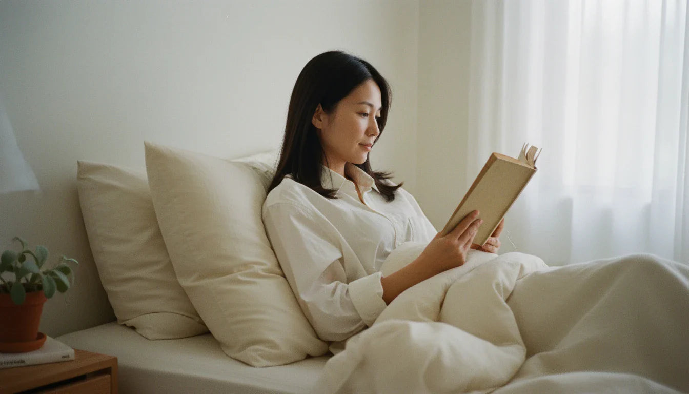 East Asian woman reading in clean airy bedroom on cream rectangular pillow - allergy-friendly sleep environment