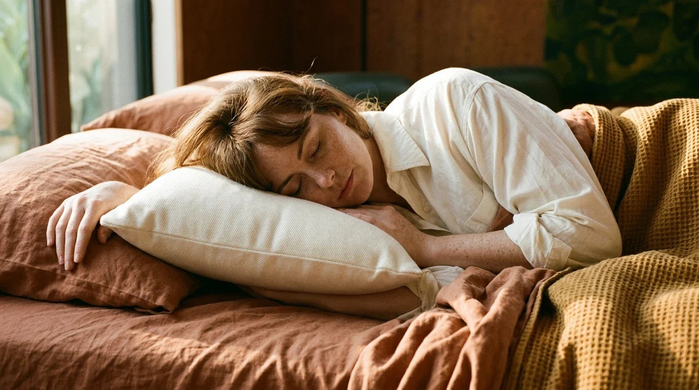 Woman sleeping on side on cream cotton pillow, warm terracotta linen bedding, golden morning light