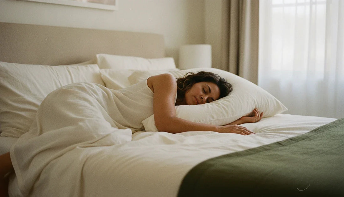 Woman sleeping peacefully on a Circadian pillow amid crisp, freshly laundered cream linens