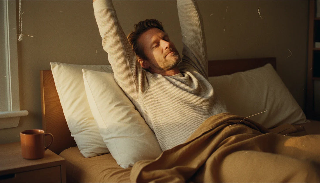 Man waking refreshed against a rectangular cream latex pillow — warm morning light, ochre linen, terracotta mug bedside