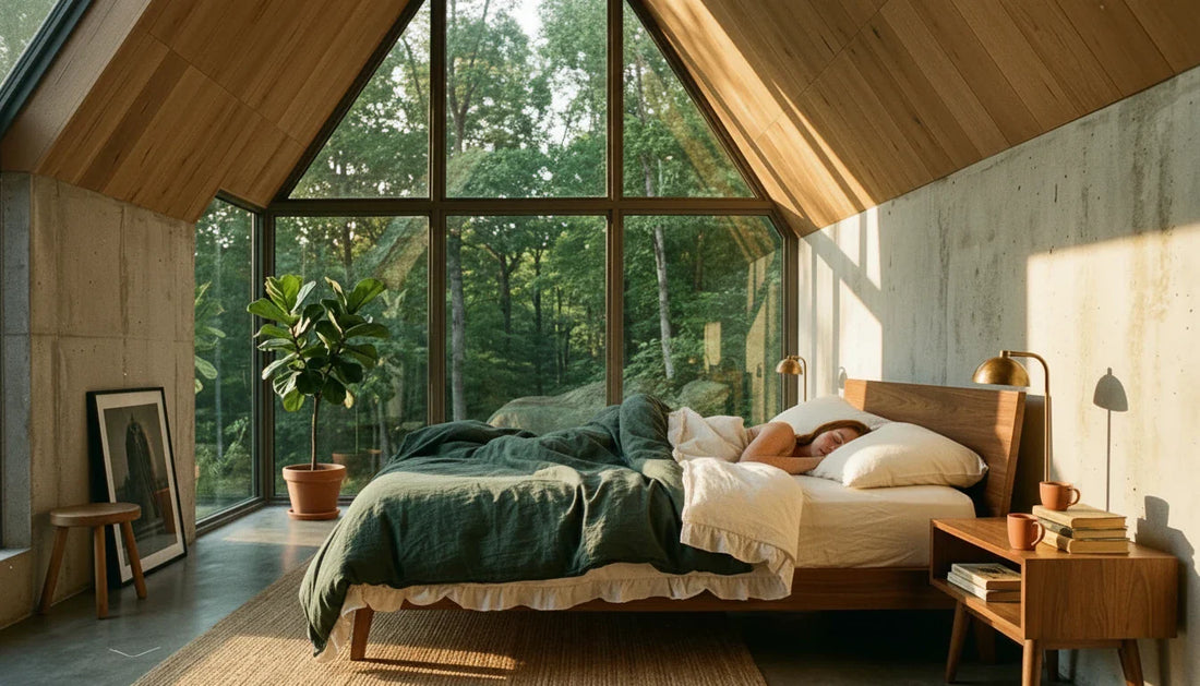 Bedroom with pale linen and forest green duvet, person on a cream Circadian pillow in neutral spinal alignment