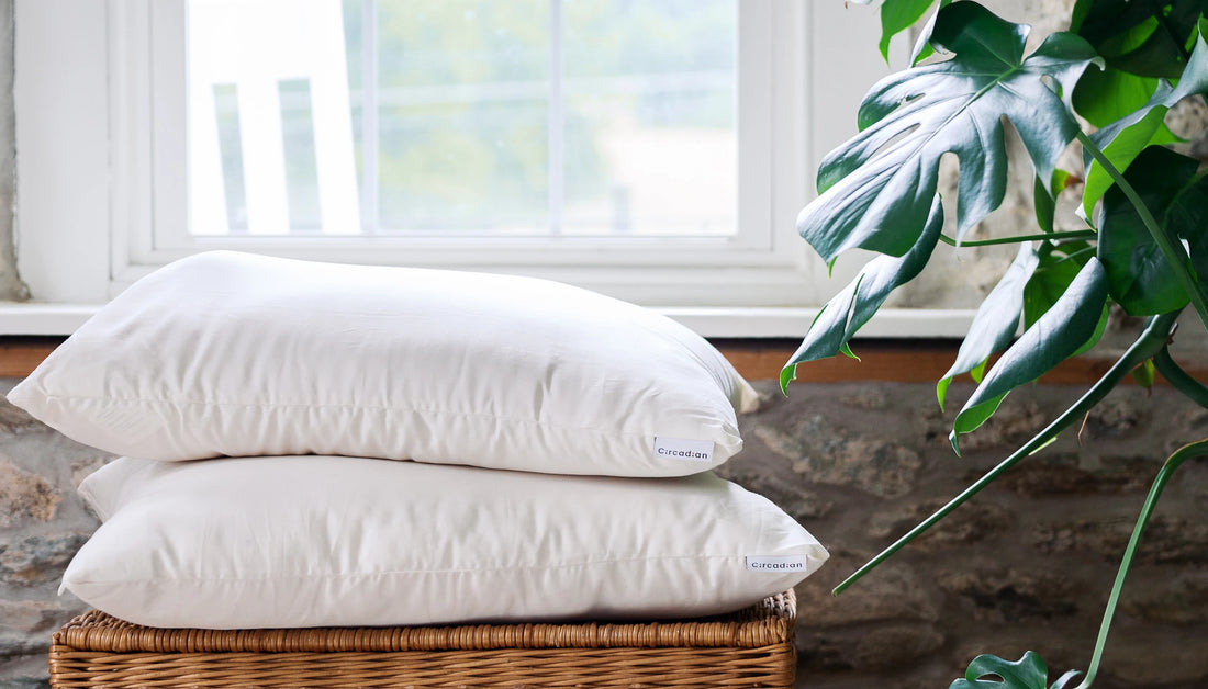 Two Circadian pillows stacked on a wicker basket under a sunny window.