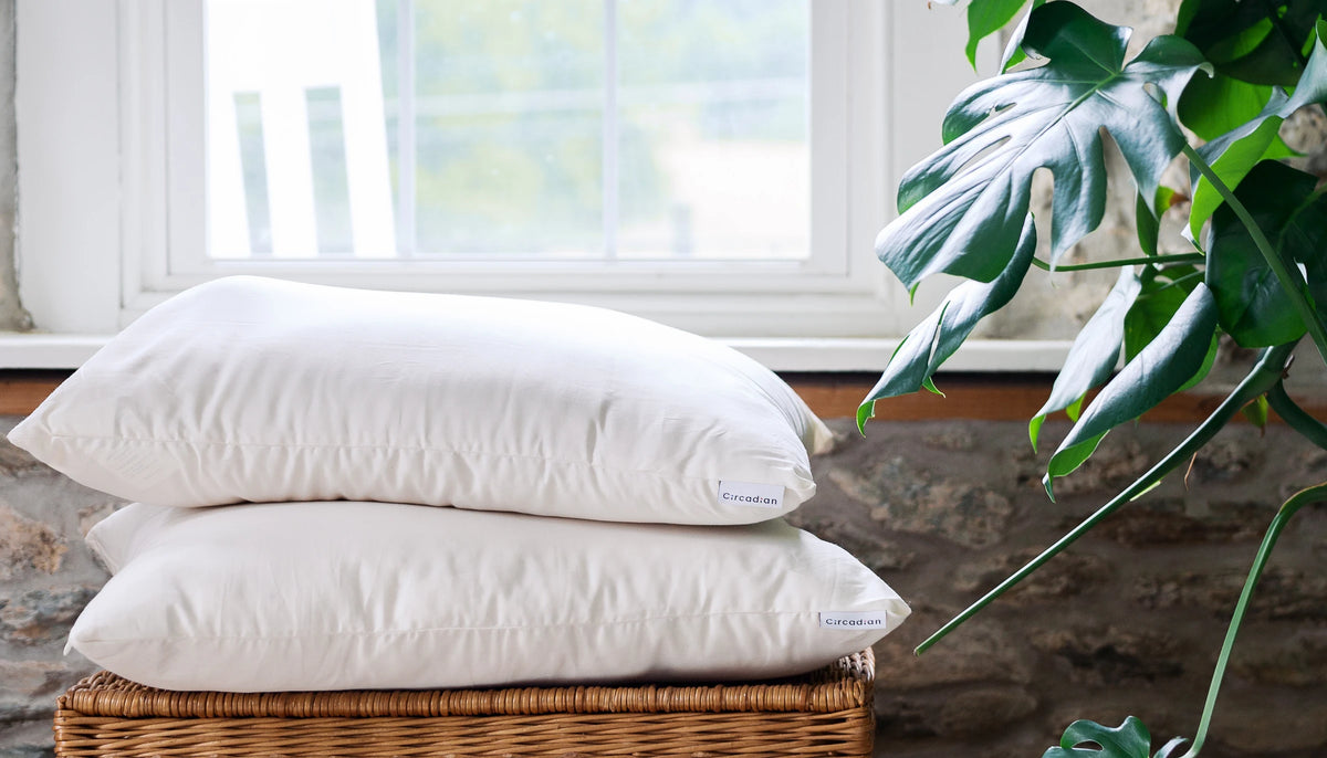 Two Circadian pillows stacked on a wicker basket under a sunny window.
