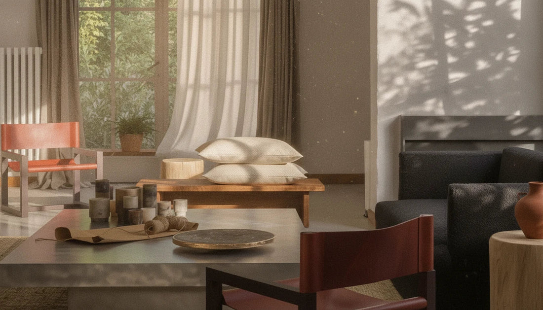 Two closed cream pillows stacked by a sunlit window with kraft wrapping paper, airing out after unboxing