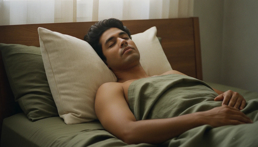 Man sleeping cool and relaxed on a rectangular natural-fill Circadian pillow