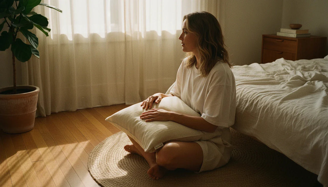 Woman sitting cross-legged on floor with cream natural pillow in lap — warm morning light lifestyle editorial