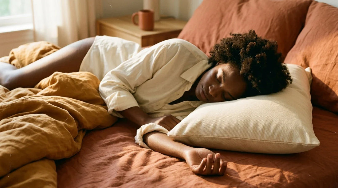 Black woman sleeping on side on cream rectangular pillow — neck in natural cervical alignment, terracotta linen bedding