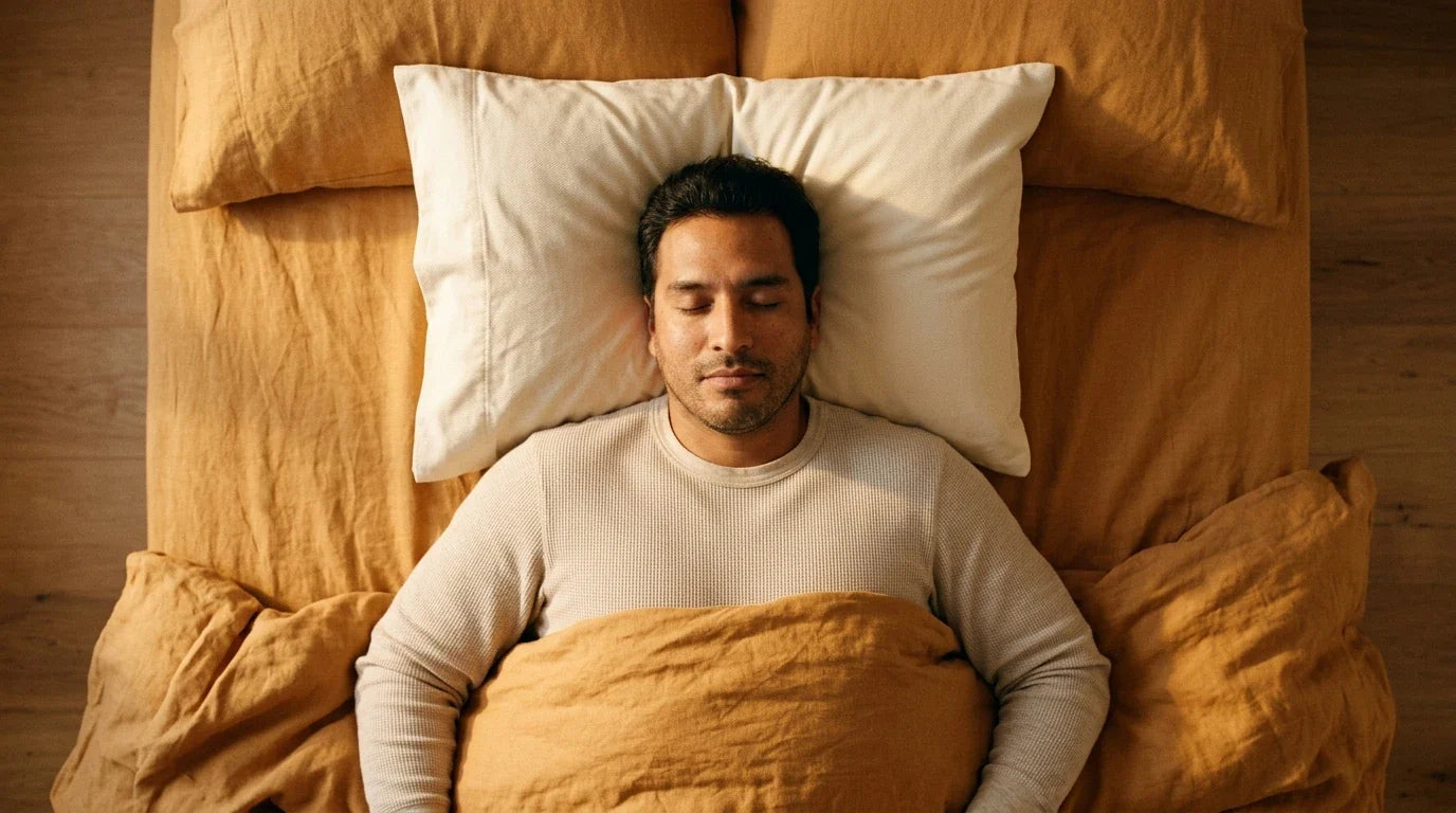 Hispanic man sleeping peacefully on back, overhead bird's-eye view, cream cotton twill pillow, ochre linen bedding