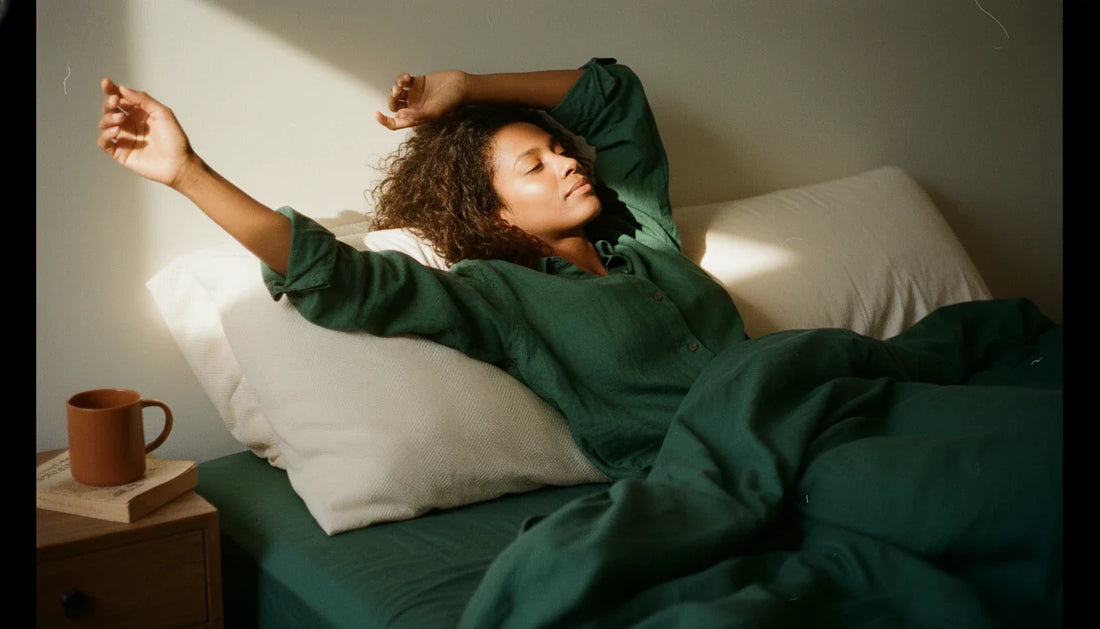 Black woman waking up refreshed on Circadian Organic Cotton Pillow — warm 35mm editorial bedroom shot