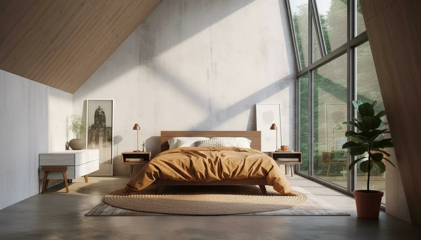 Bright airy A-frame bedroom with vaulted ceiling and morning light - serene sleep scene for stomach sleepers