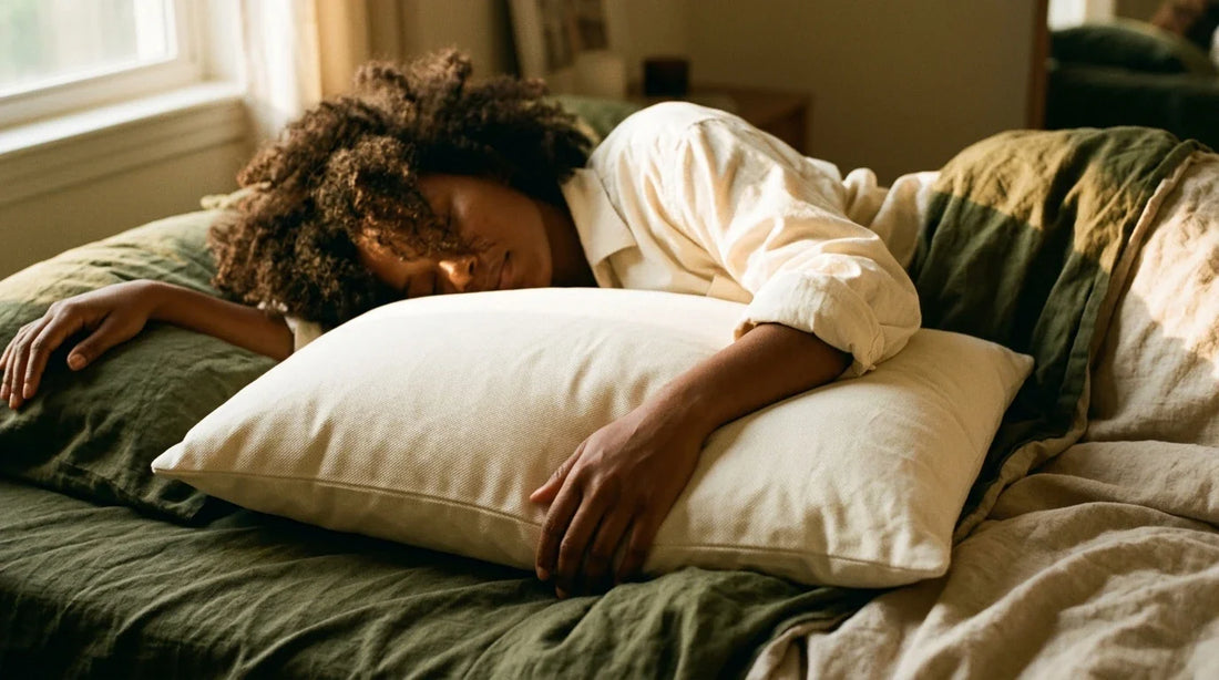Black woman sleeping on organic cotton pillow, olive green linen bedding, warm morning light through window