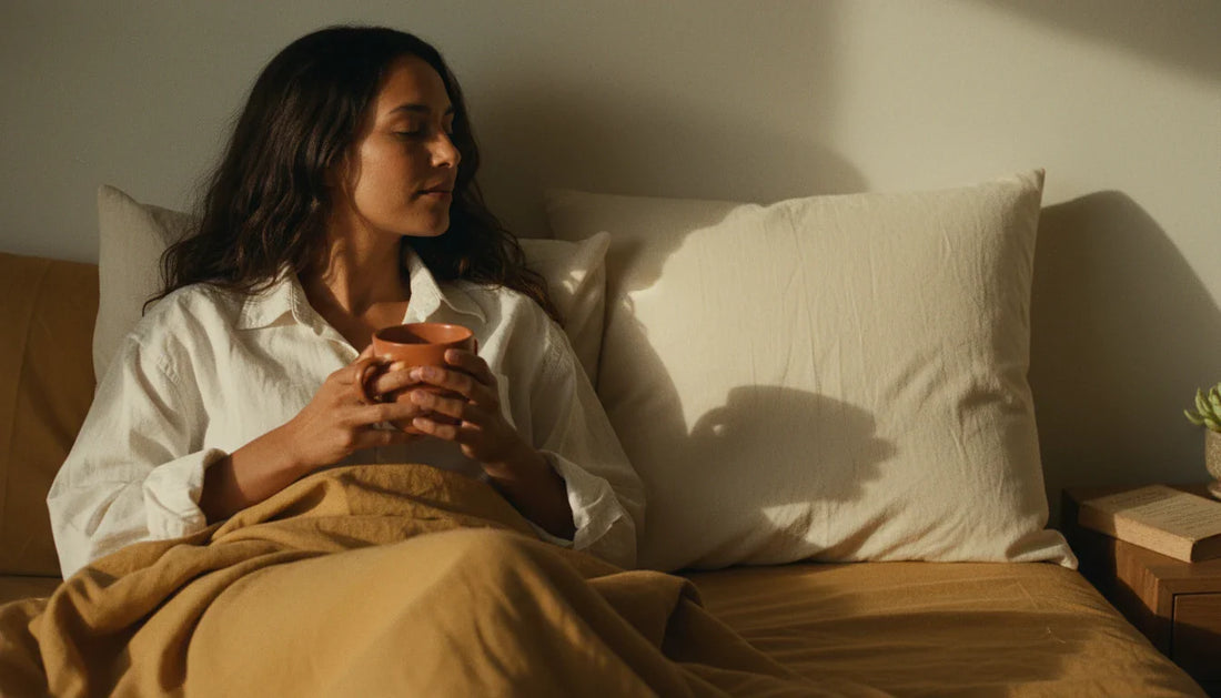 Woman with coffee in bed on cream rectangular pillow, warm morning light - organic cotton vs wool side sleeper comparison