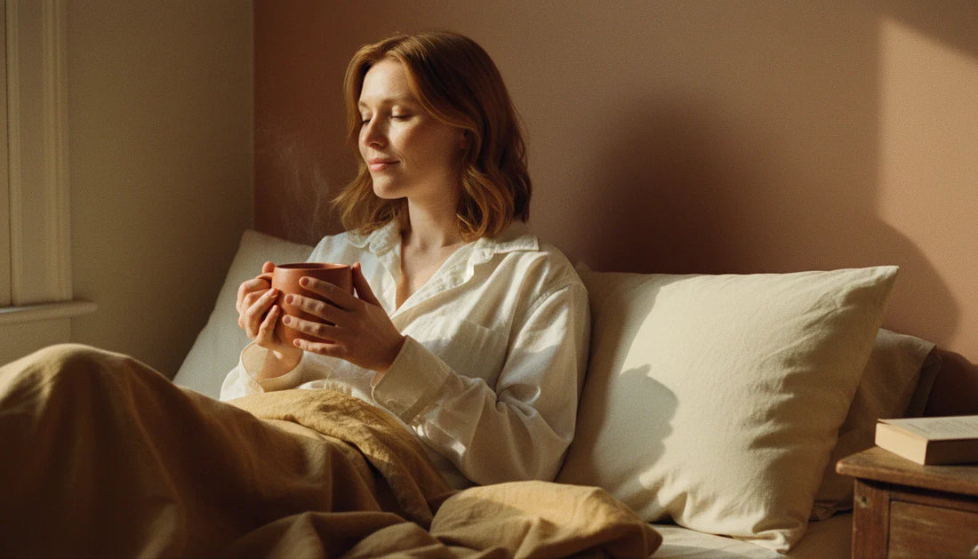 White woman with auburn hair holding terracotta mug in bed with cream rectangular pillow  - warm 35mm morning lifestyle