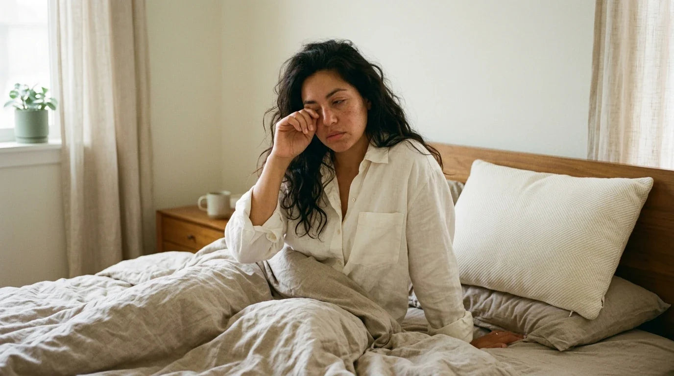 Woman sitting up in bed rubbing tired eye — morning allergy reaction on natural linen bedding