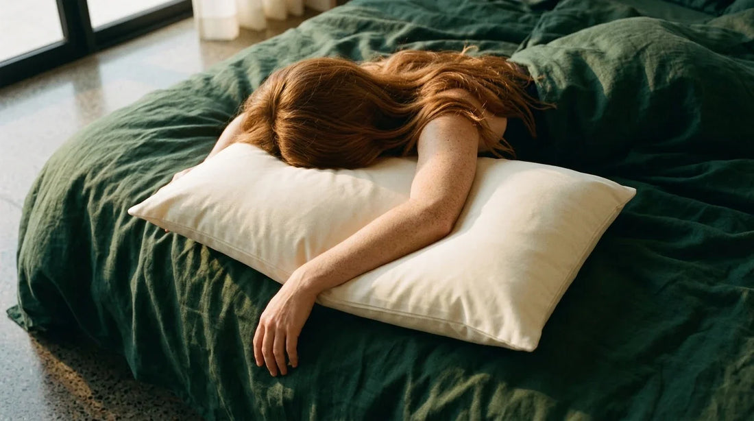 Woman with copper-auburn hair sleeping face-down on cream rectangular pillow with green linen bedding
